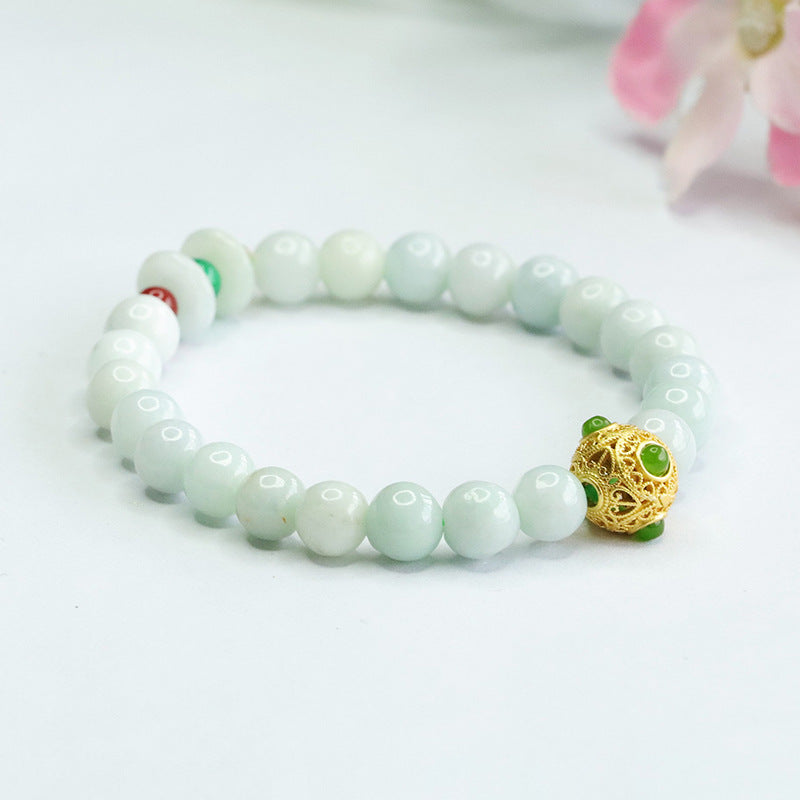 Burmese Grade A Jadeite Jade Beaded Bracelet with Filigree Sphere and Safety Buckle Accents