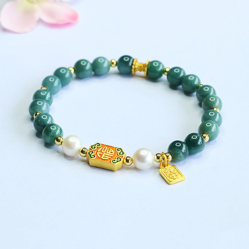 Blue Water Jadeite Jade and Pearl Beaded Bracelet with "Fu" Wealth Charm