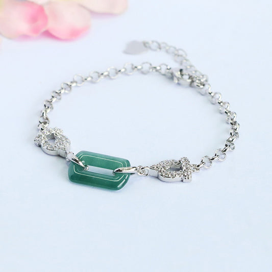 Blue Water Jadeite Interlocking Square Link Silver-Tone Bracelet