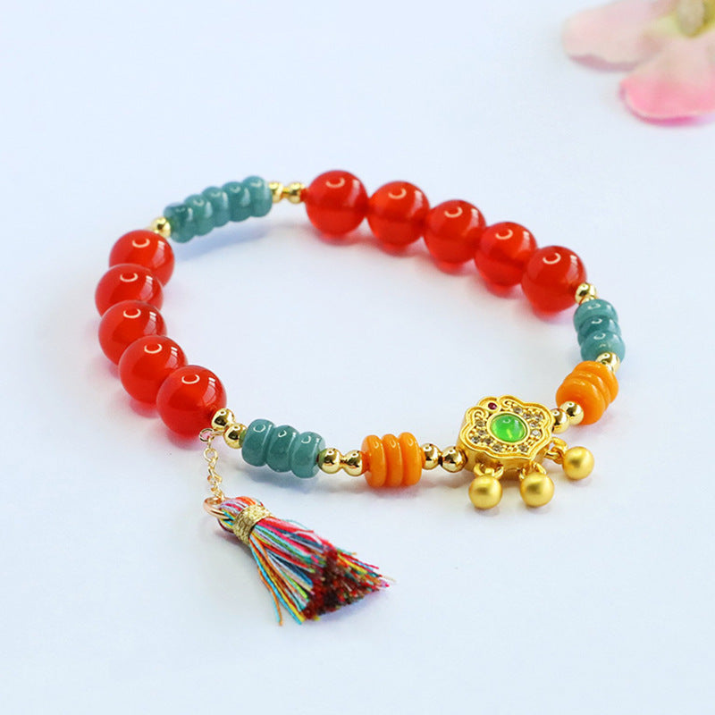 Red Agate and Blue Water Jadeite Jade Ruyi Beaded Stretch Bracelet with Tassel Charm
