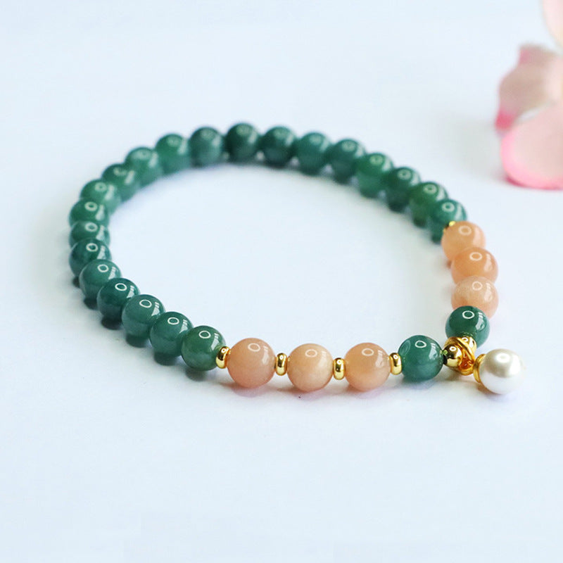 Blue Water Jadeite Jade and Orange Moonstone Beaded Bracelet with Pearl Dangle Charm