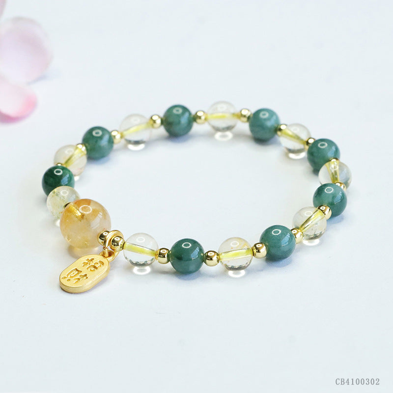 Blue Water Jadeite Jade and Citrine Multi-Gemstone Beaded Bracelet with "Zhao Cai" Wealth Charm