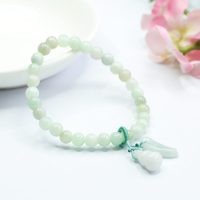 Jadeite Jade Gourd Beaded Stretch Bracelet with Charm