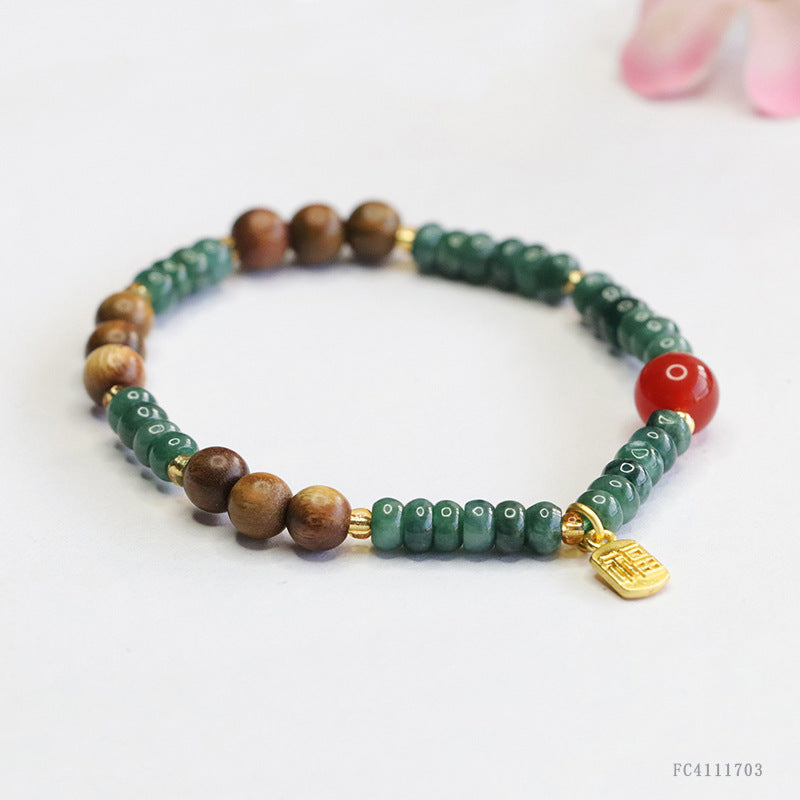 Blue Water Jadeite Abacus Bead and Red Agate Beaded Bracelet