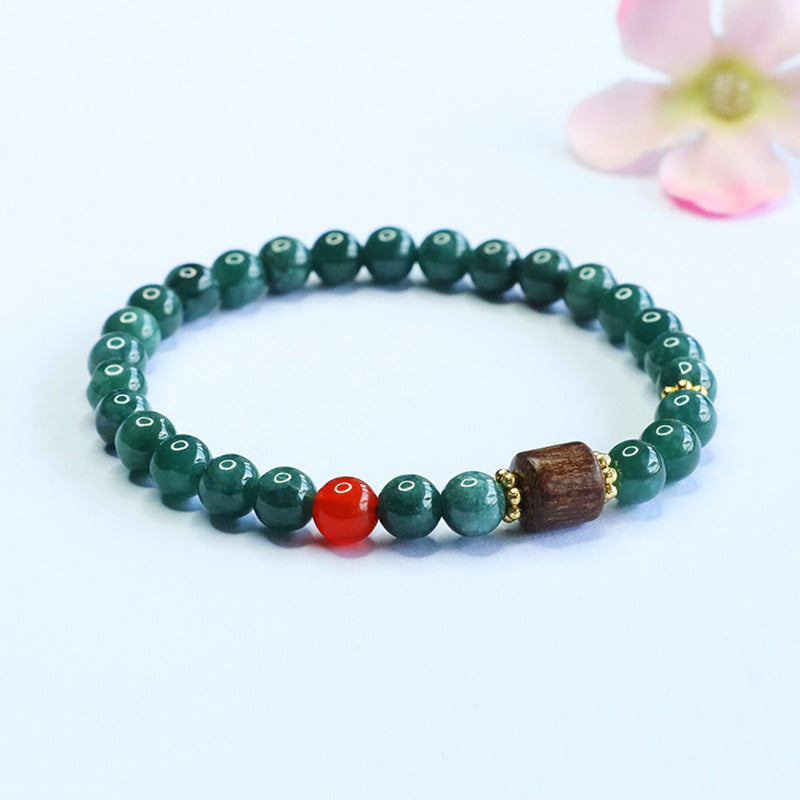 Blue Water Jadeite Jade and Agarwood Beaded Bracelet with Red Agate Accent