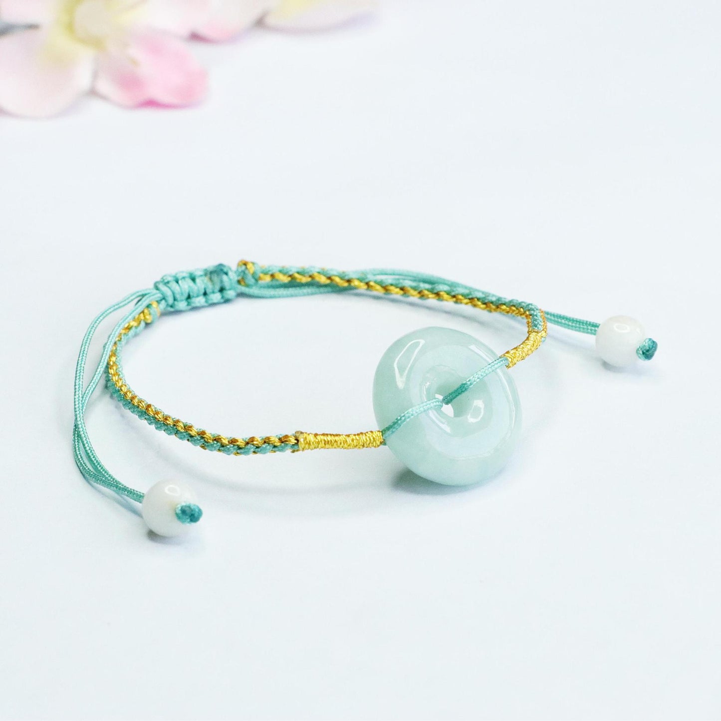 Burmese Grade A Jadeite Ping An Kou Woven Cord Bracelet