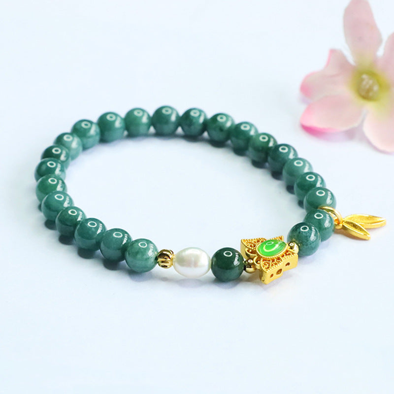 Blue Water Jadeite Jade and Pearl Butterfly Beaded Bracelet