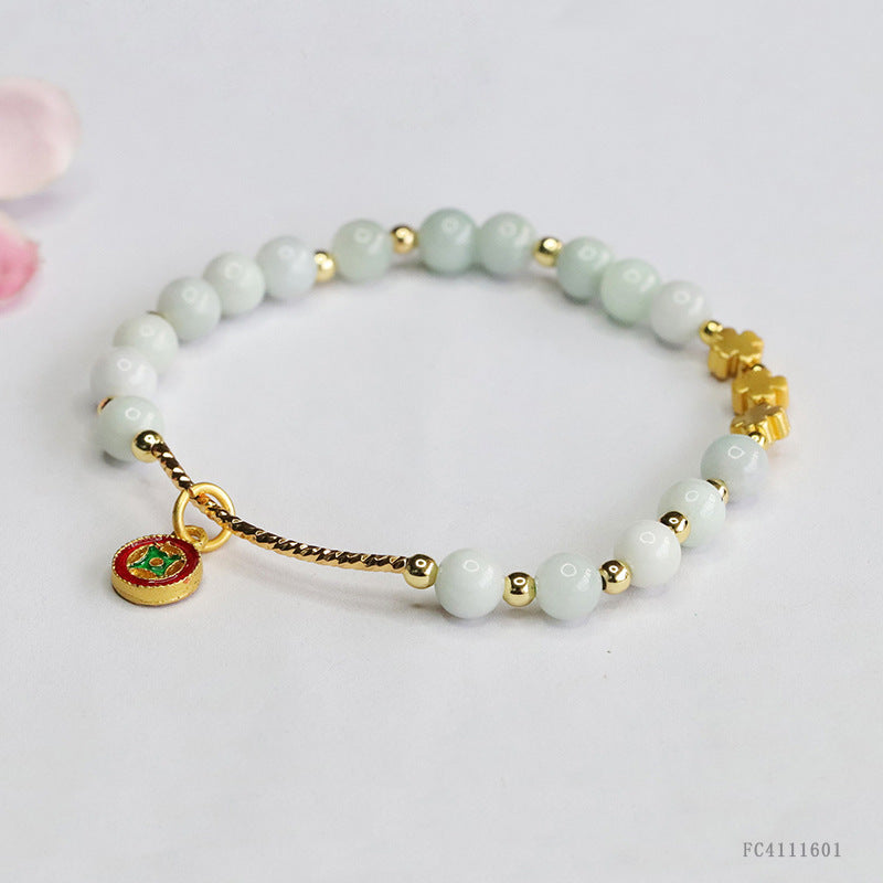 Burmese Grade A Jadeite Bracelet with Gold-Tone Tube & Enamel Charm