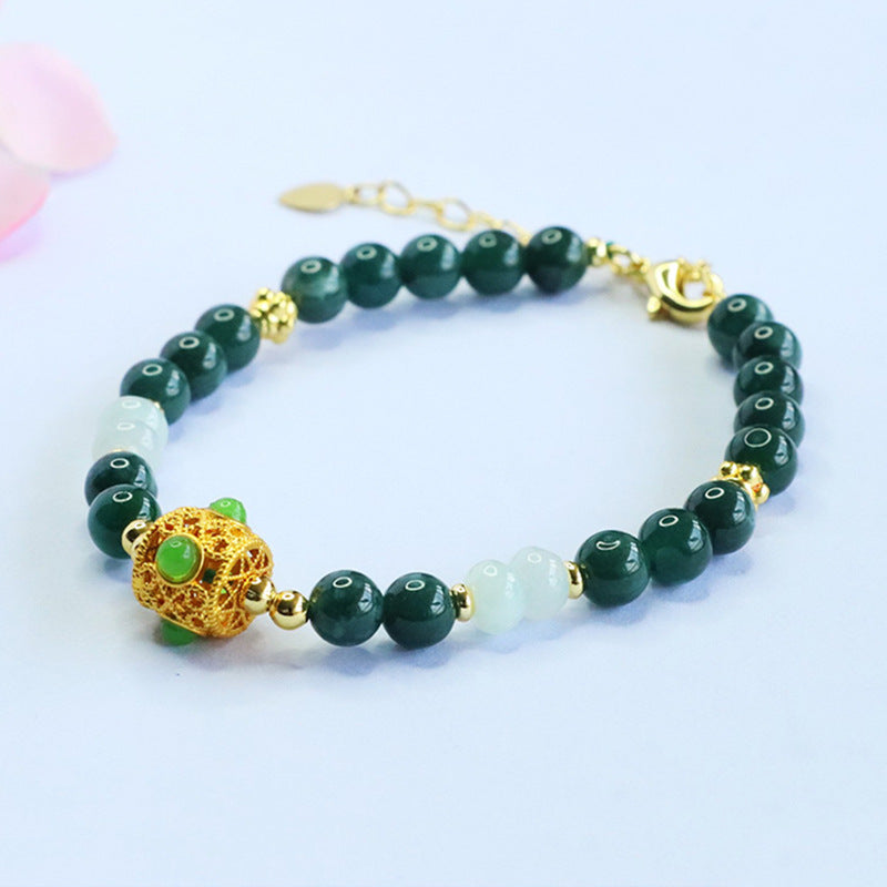 Blue Water Jadeite Jade Beaded Bracelet with Filigree Ball Charm