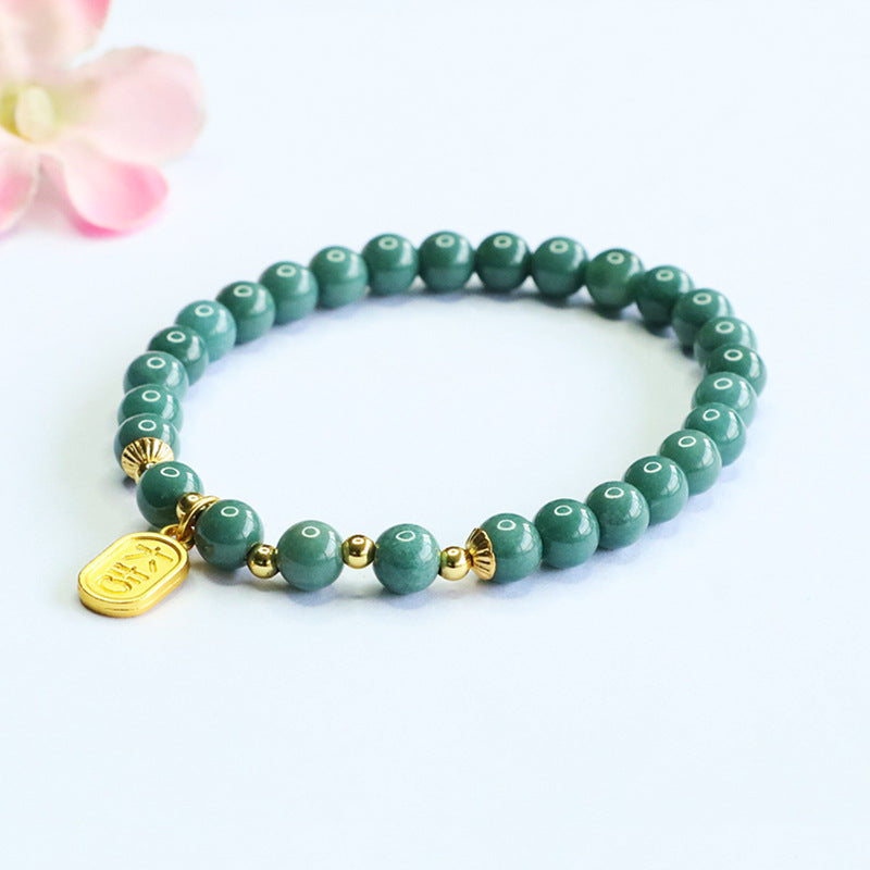 Blue Water Jadeite Jade Beaded Stretch Bracelet with Gold-Tone Charm