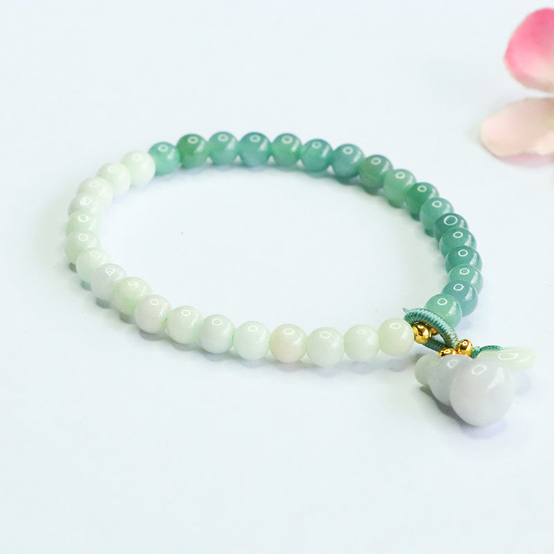 Gradient Green Jadeite Jade Beaded Bracelet with Gourd Charm