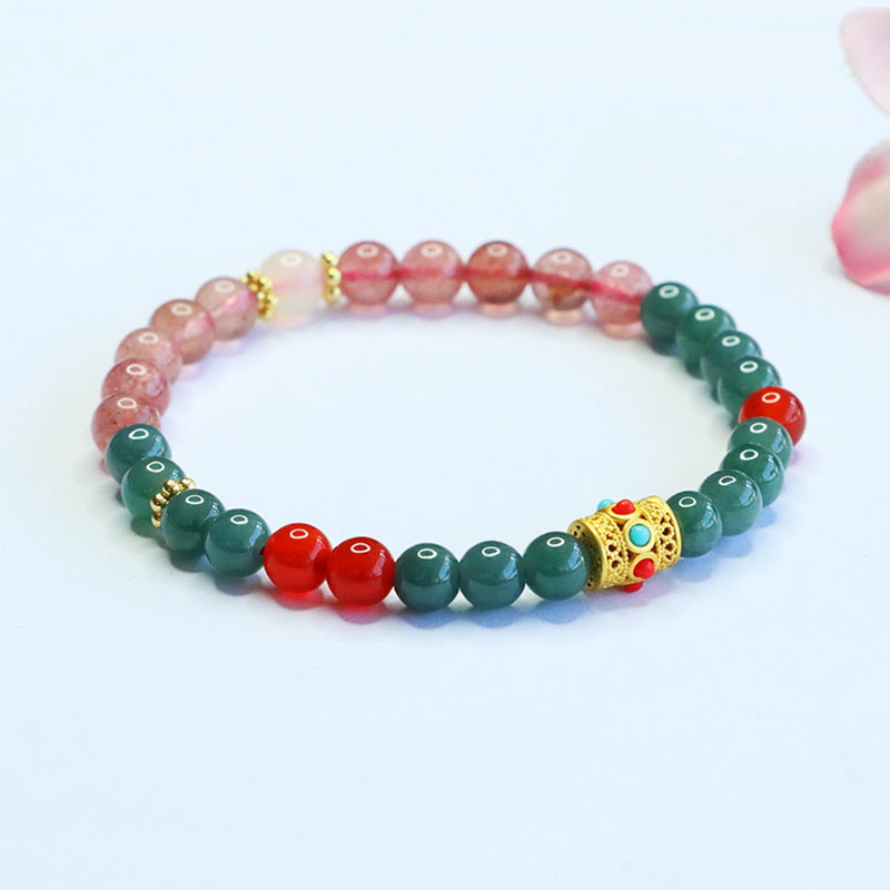 Blue Water Jadeite Jade and Strawberry Quartz Beaded Bracelet with Ornate Gold-Tone Tube Accent
