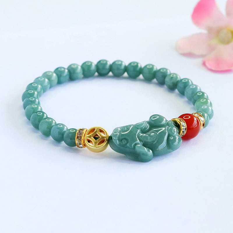 Blue Water Jadeite Jade Pi Xiu and Red Agate Beaded Bracelet