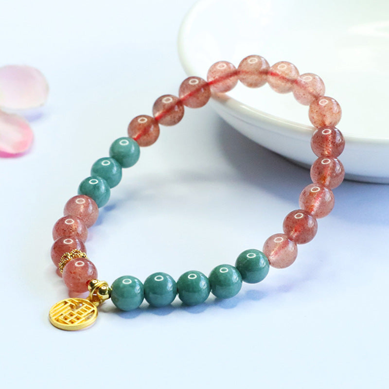Blue Water Jadeite Jade and Red Strawberry Quartz Beaded Bracelet with "Fu" Coin Pendant