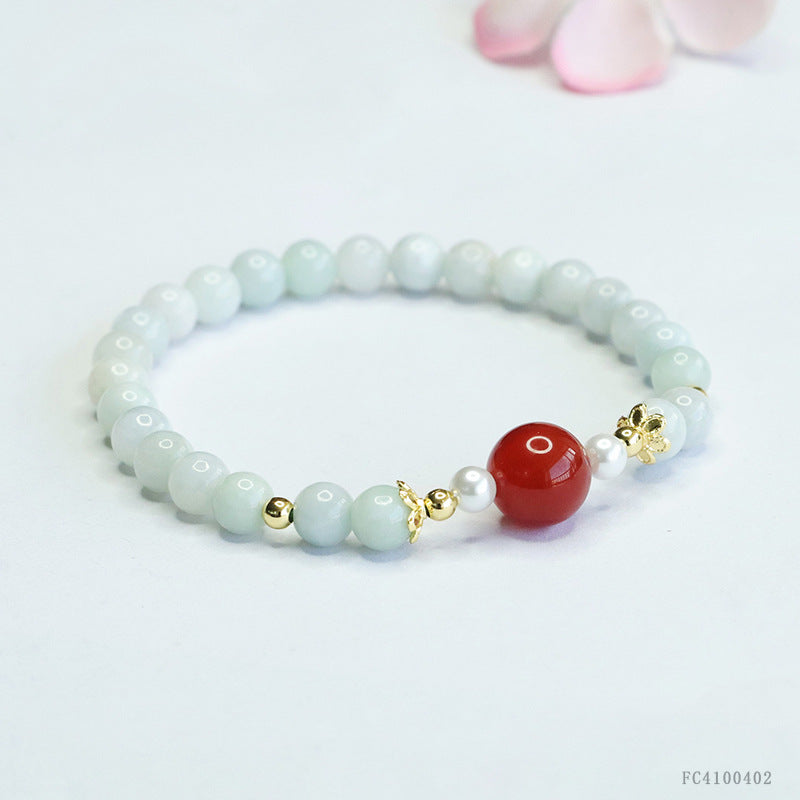 Burmese Grade A Jadeite Jade and Red Agate Beaded Bracelet with Pearl Accents