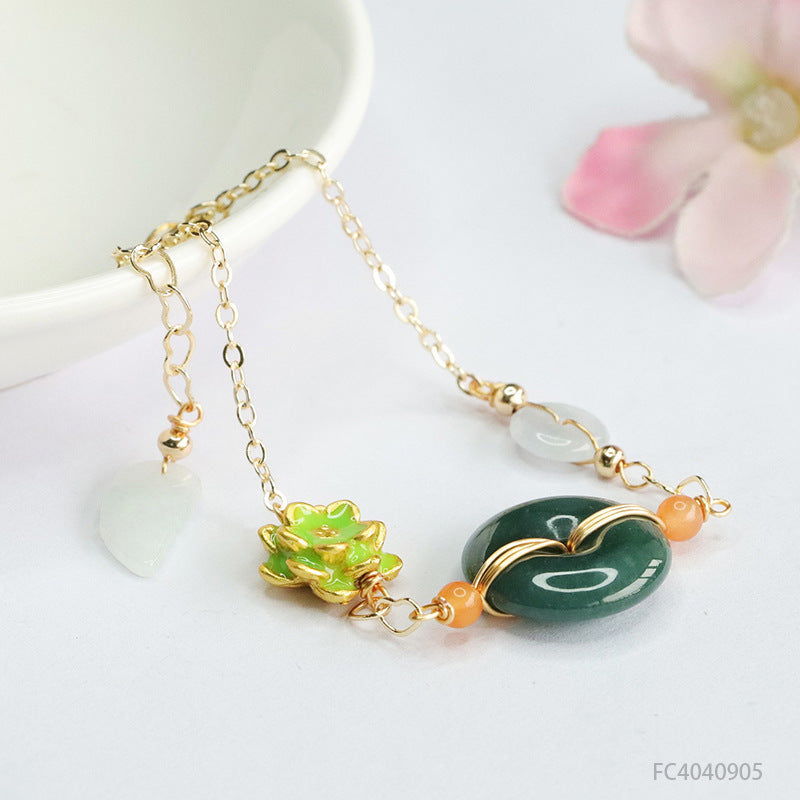 Blue Water Jadeite Ping An Kou and Enamel Lotus Flower Chain Bracelet