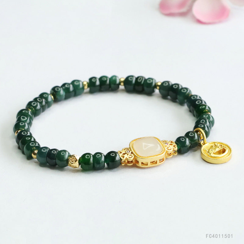 Blue Water Jadeite Abacus Bead Bracelet with Square Focal and Coin Charm