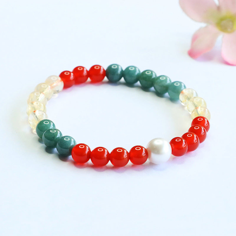 Blue Water Jadeite Jade, Red Agate, Citrine, and White Shell Pearl Beaded Bracelet
