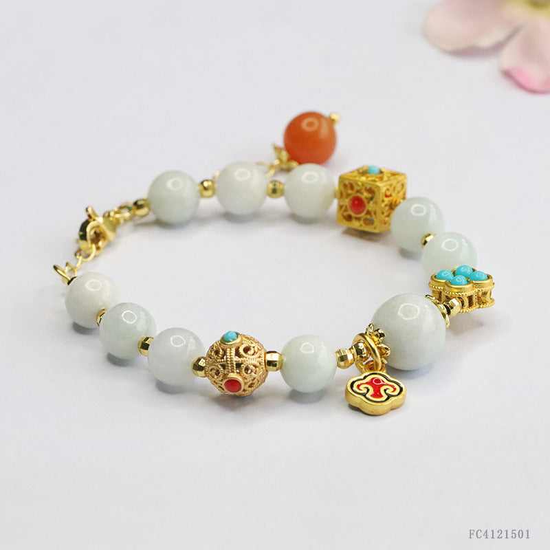 Burmese Grade A Jadeite Jade and Turquoise Accent Beaded Bracelet