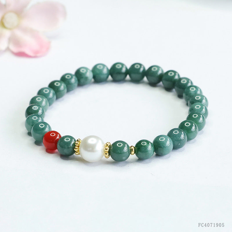 Blue Water Jadeite Jade Beaded Bracelet with Pearl and Red Agate Accent