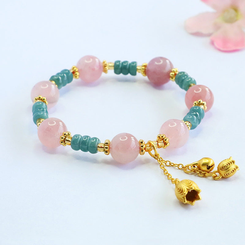 Blue Water Jadeite Jade and Rose Quartz Lily of the Valley Beaded Bracelet