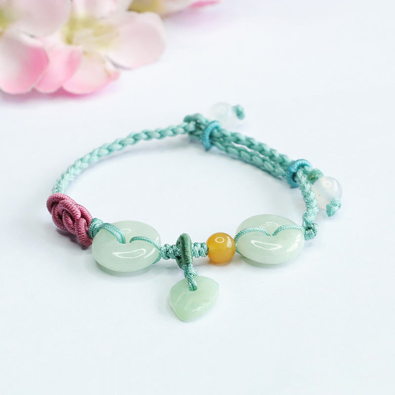Burmese Grade A Jadeite Jade Safety Buckle and Leaf Braided Cord Bracelet