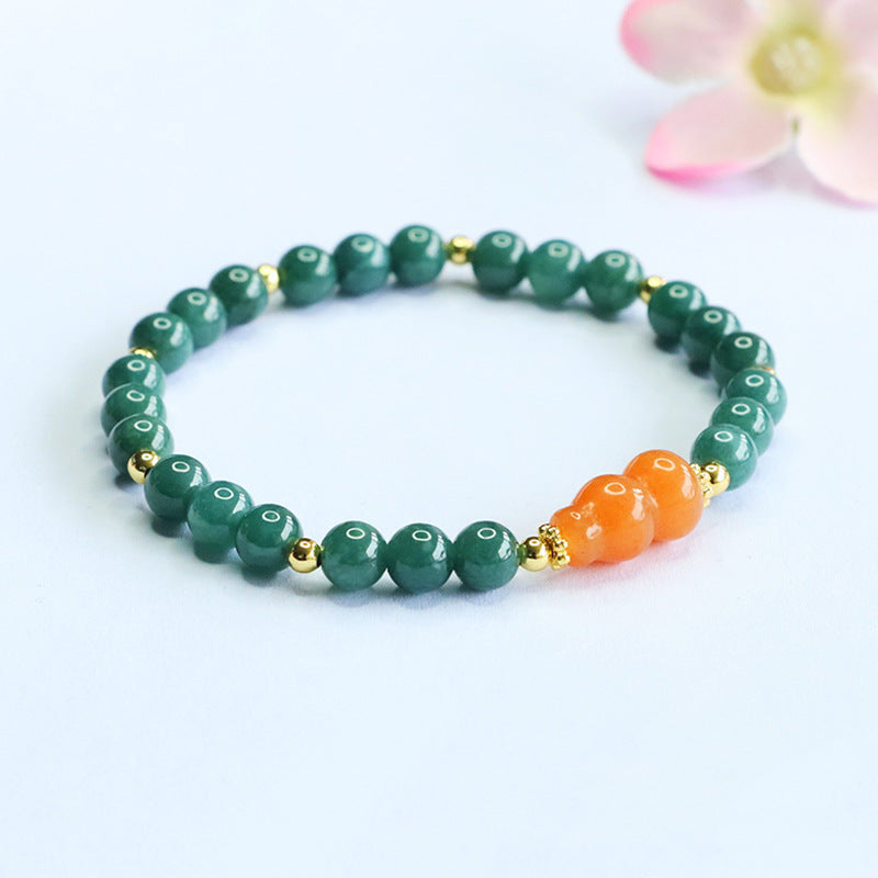 Blue Water Jadeite Jade Beaded Bracelet with Orange Jinsiyu Gourd Accent