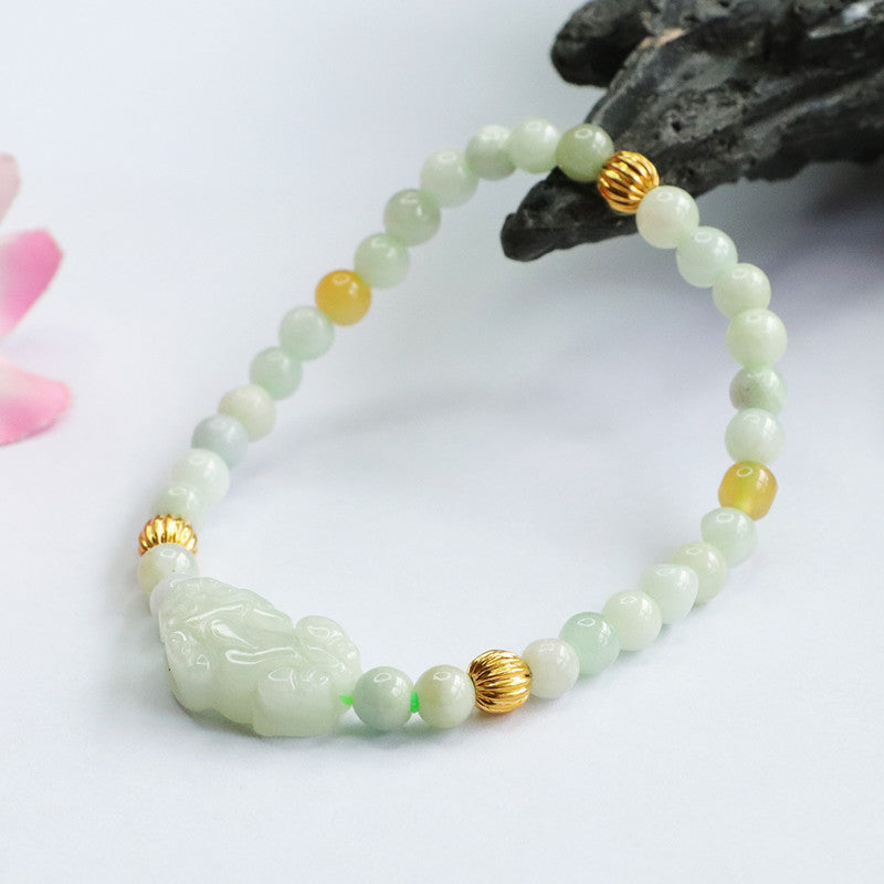 Jadeite Jade Pi Xiu Beaded Bracelet with Yellow Jade Accents