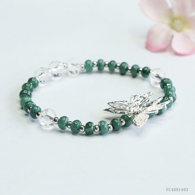 Blue Water Jadeite Abacus Bead and Silver Butterfly Beaded Bracelet