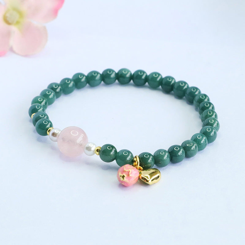 Blue Water Jadeite Jade and Rose Quartz Beaded Bracelet with Enamel Charm
