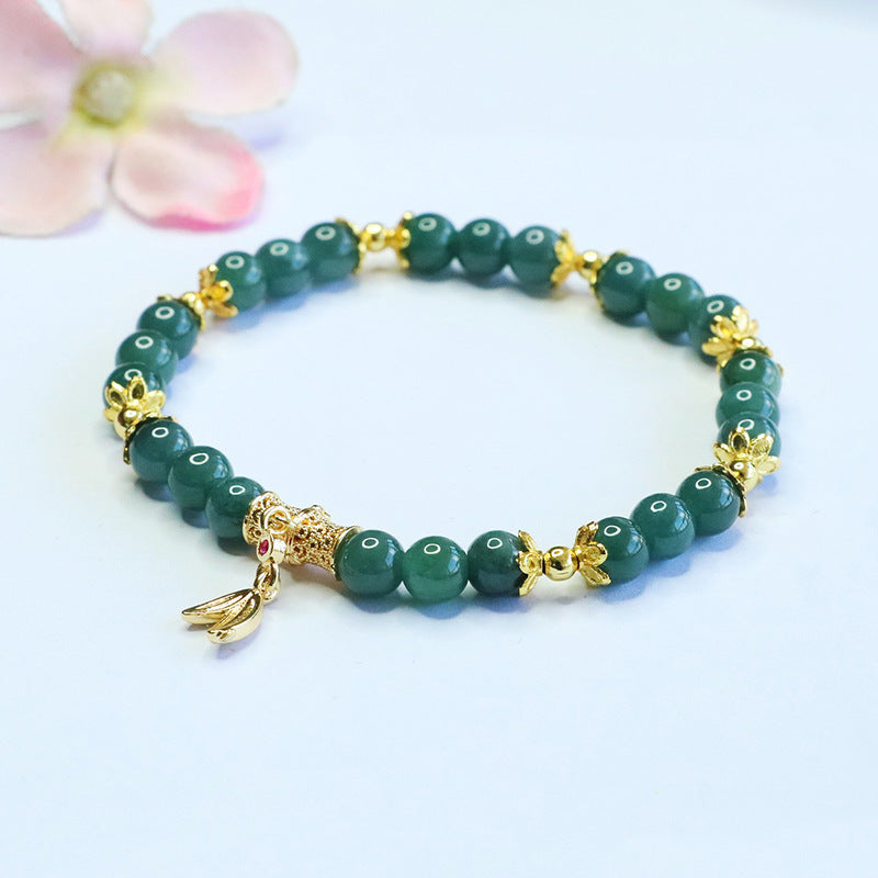 Blue Water Jadeite Jade Bamboo Beaded Bracelet with Dangle Charm