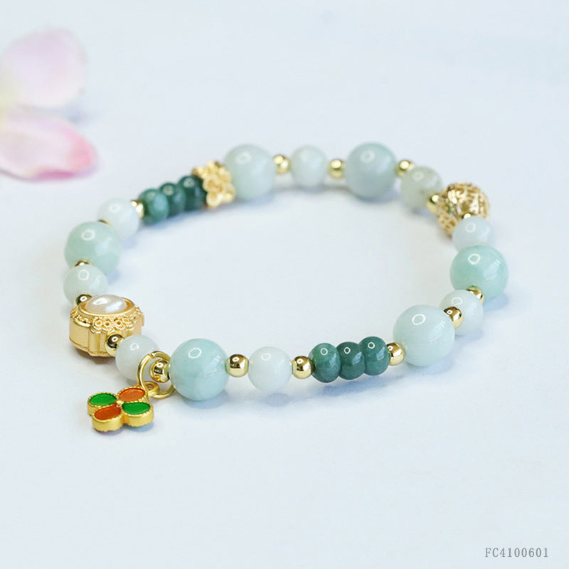 Blue Water and Light Jadeite Jade Beaded Bracelet with Four-Leaf Clover Charm