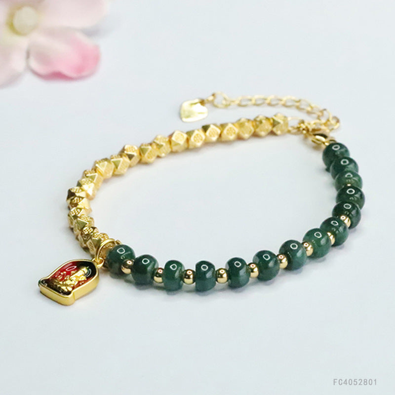 Blue Water Jadeite Jade and Gold-Tone Asymmetric Beaded Bracelet