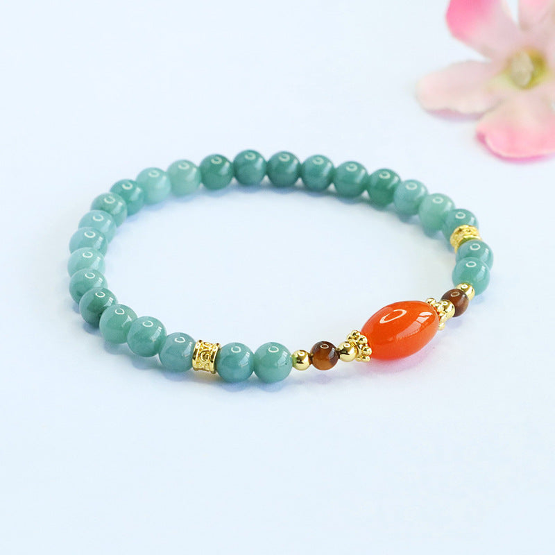 Blue Jadeite Jade Stretch Bracelet with Red Silk Agate & Tiger's Eye