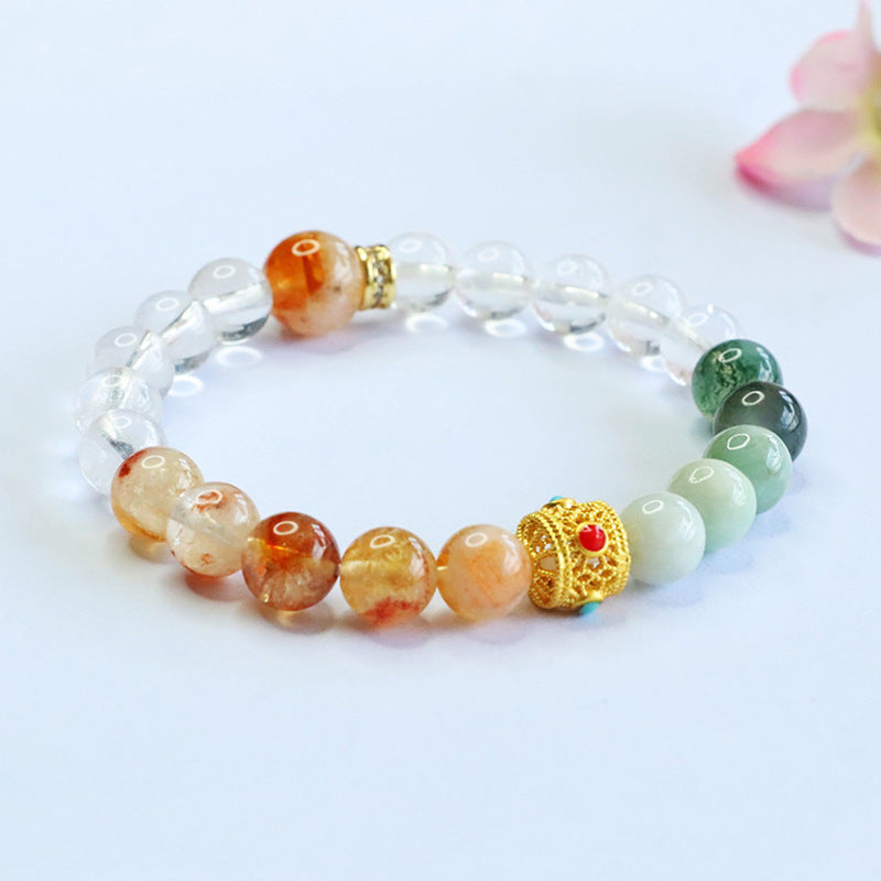 White Crystal, Yellow Phantom Quartz and Jadeite Jade Multi-Gemstone Beaded Bracelet