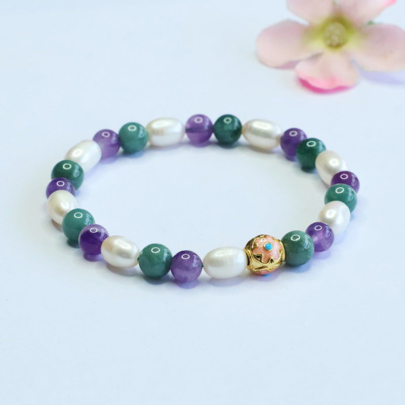 Jadeite Jade, Amethyst, and Freshwater Pearl Multi-Gemstone Bracelet