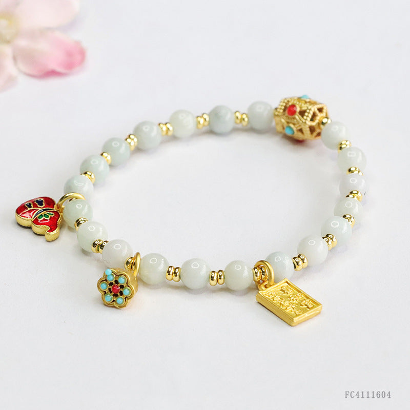 Burmese Grade A Jadeite Jade Beaded Bracelet with Retro Enamel and Gemstone Charms