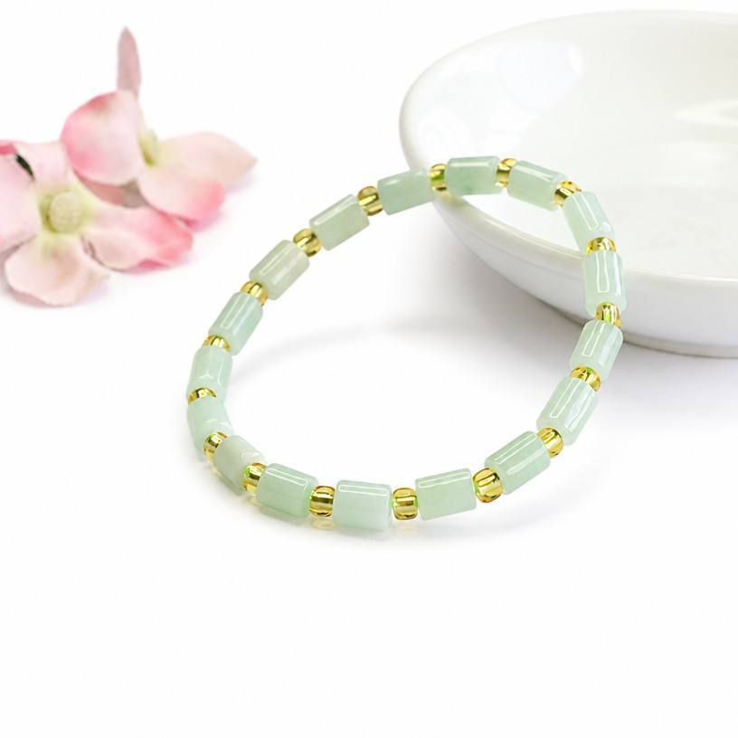 Jadeite Jade Barrel Bead Bracelet with Gold-tone Spacer Beads