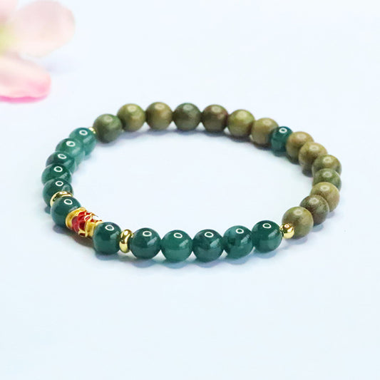 Blue Water Jadeite Jade and Green Sandalwood Beaded Bracelet with Red Enamel Koi Accent