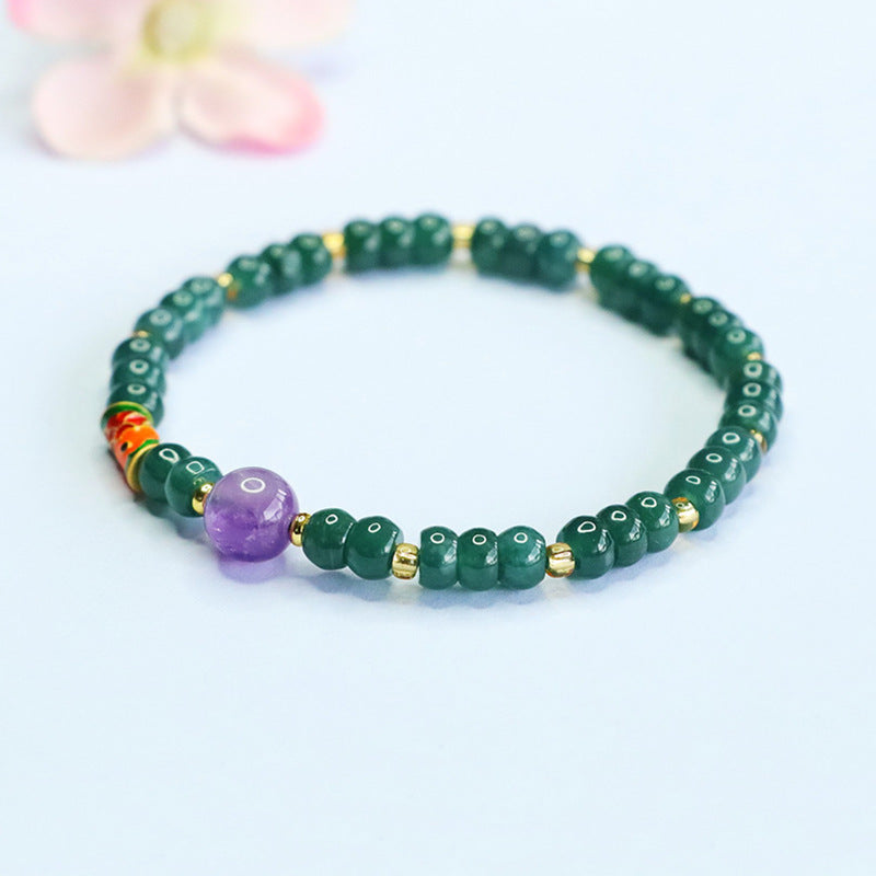 Blue Water Jadeite and Amethyst Beaded Bracelet with Koi Fish Accent