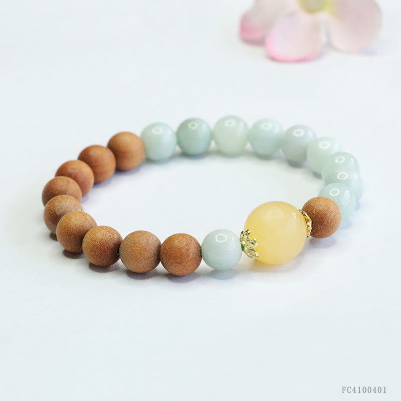 Jadeite Jade and Sandalwood Beaded Bracelet with Yellow Stone Focal Bead