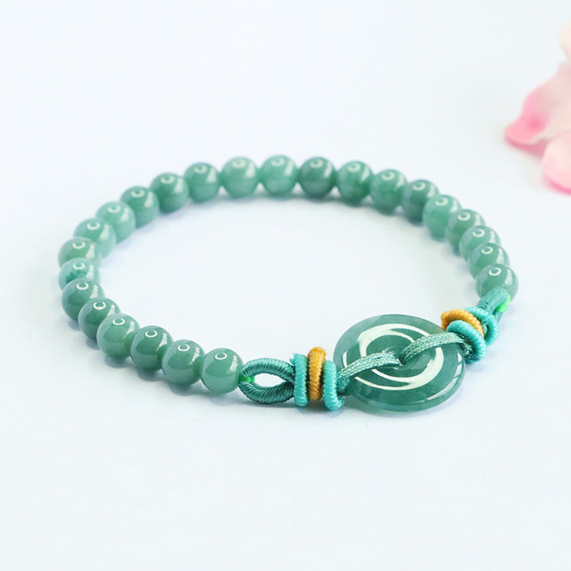 Blue Water Jadeite Jade Beaded Bracelet with Ping An Kou Centerpiece