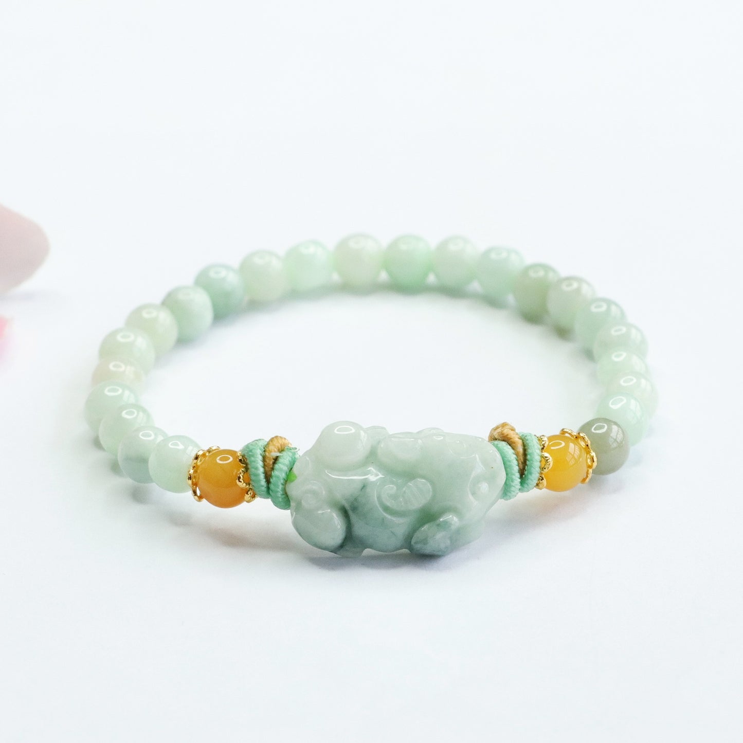 Burmese Grade A Jadeite Jade Pi Xiu Beaded Bracelet with Yellow Jade and Cord Accents
