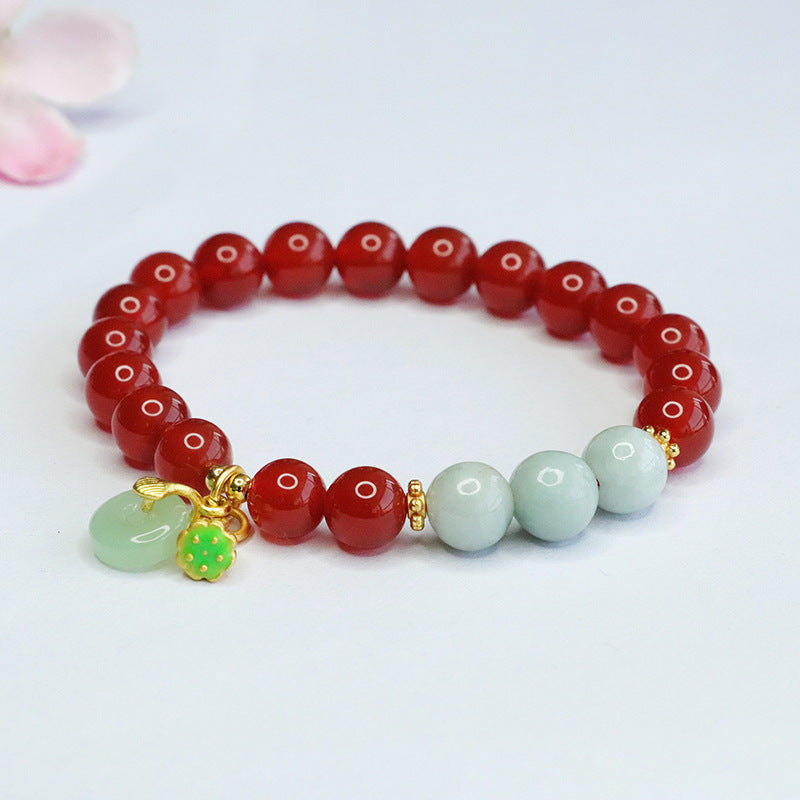 Red Agate and Jadeite Jade Beaded Bracelet with Dangle Charms