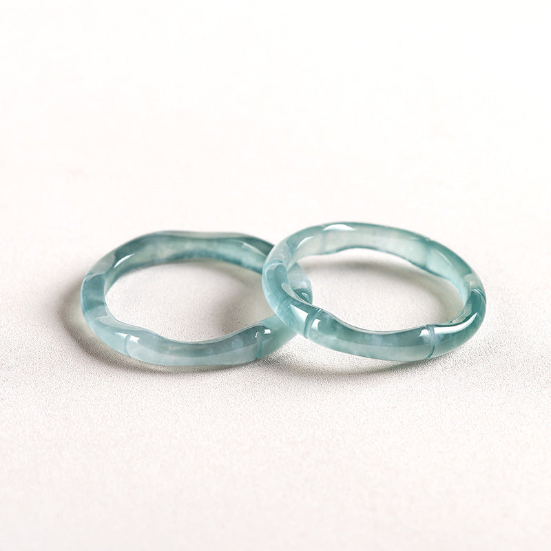 Grade A Ice-Type Blue Water Jadeite Jade Bamboo Design Solid Band Ring