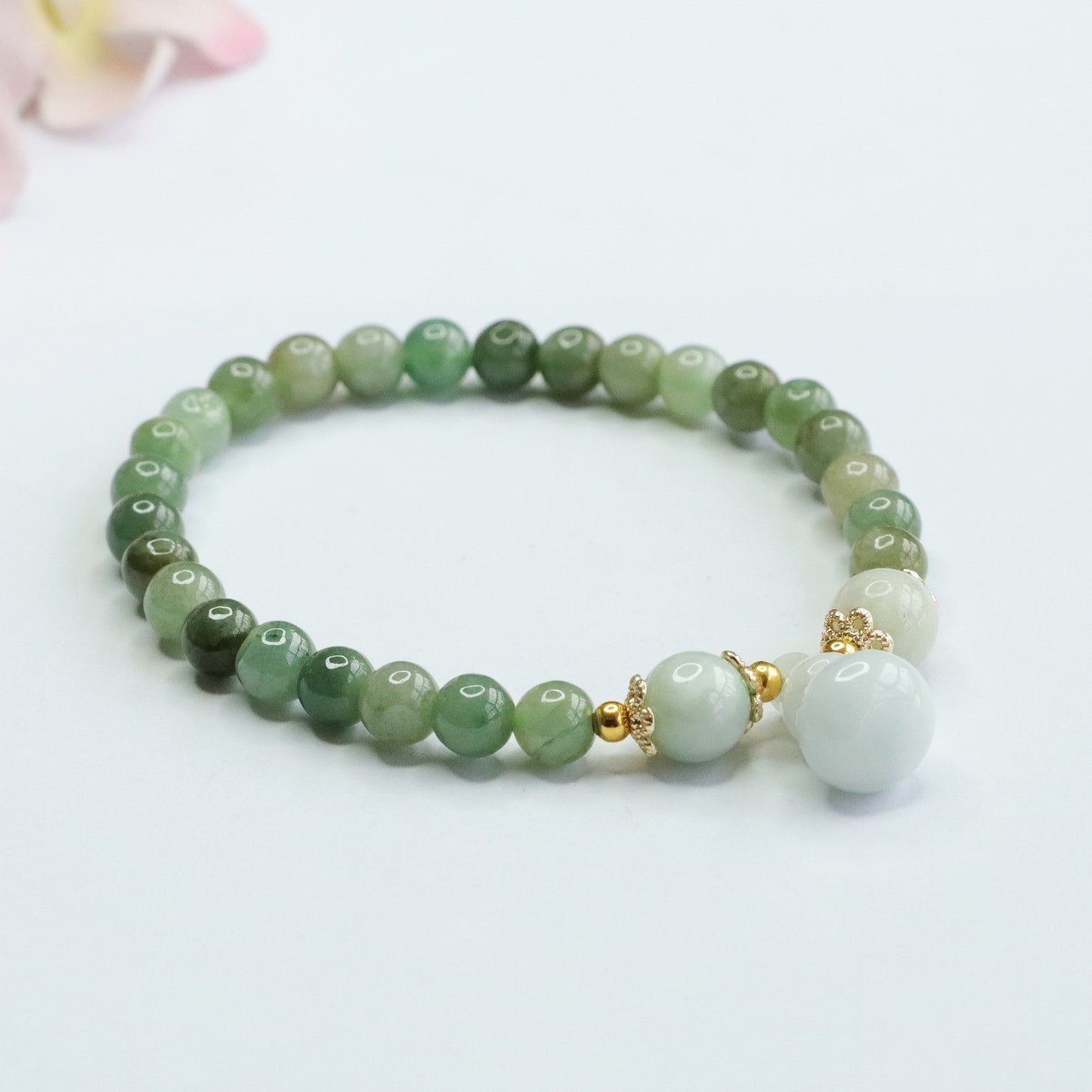 Grade A Jadeite Jade Youqing Beaded Bracelet with Gourd Pendant