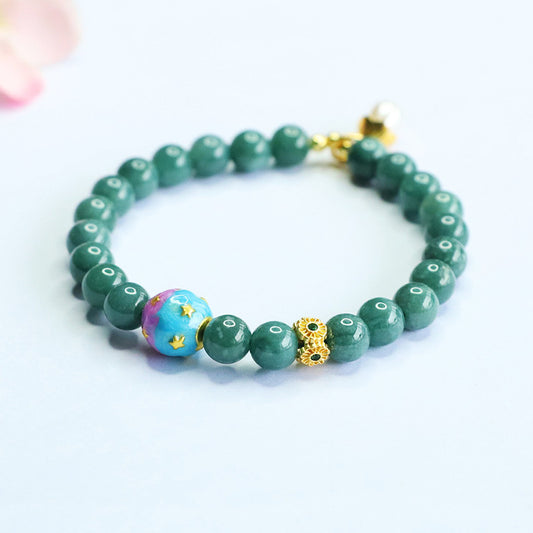 Blue Water Jadeite Jade Beaded Bracelet with Pearl and Colorful Enamel Accents