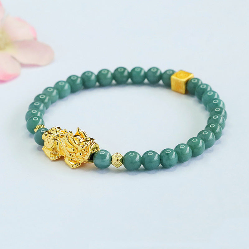 Blue Water Jadeite Jade Beaded Bracelet with Gold-Tone Pi Xiu Centerpiece