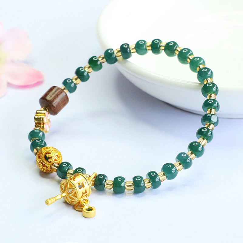 Blue Water Jadeite Abacus Bead Bracelet with Wooden Accent and Floral Charm