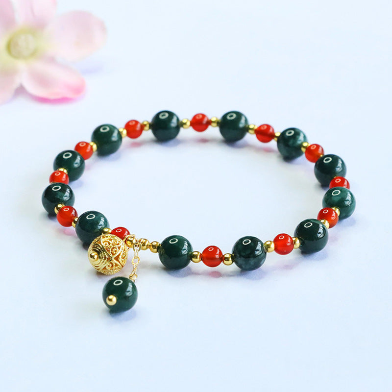 Blue Water Jadeite Jade and Red Agate Beaded Bracelet with Filigree Charm